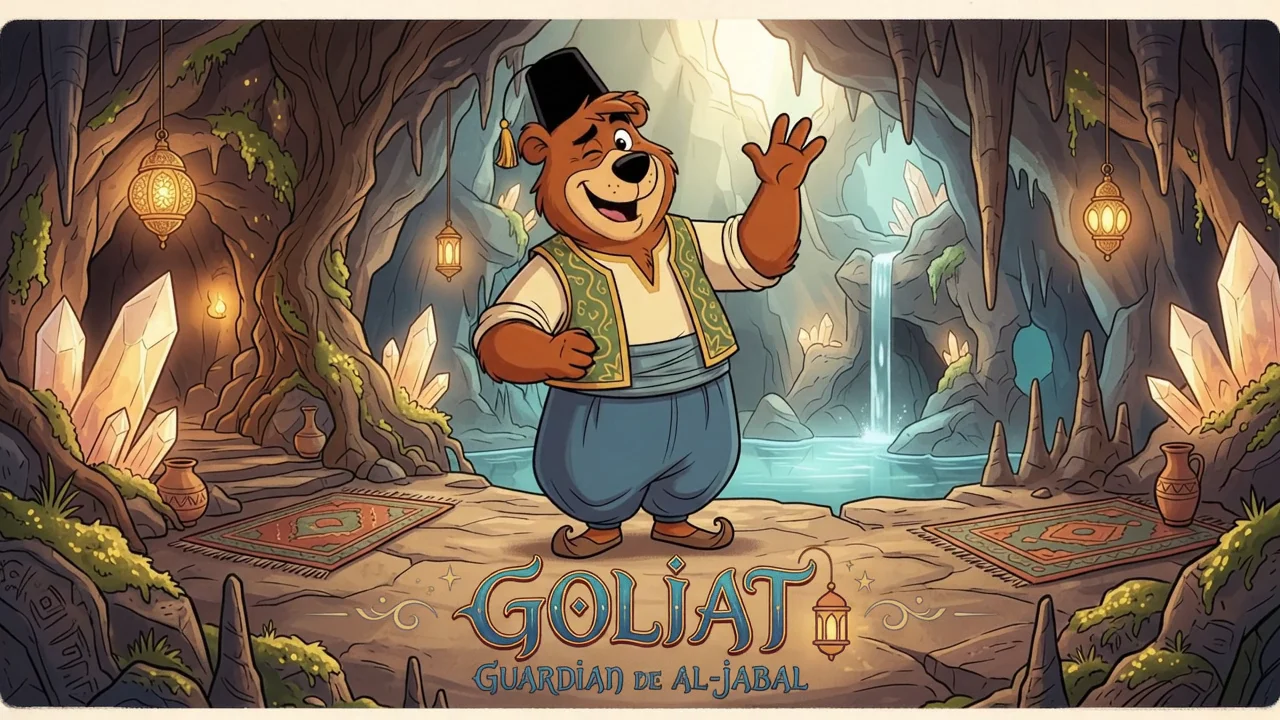 Goliath, un oso animado con fez, saluda desde una gruta iluminada.
